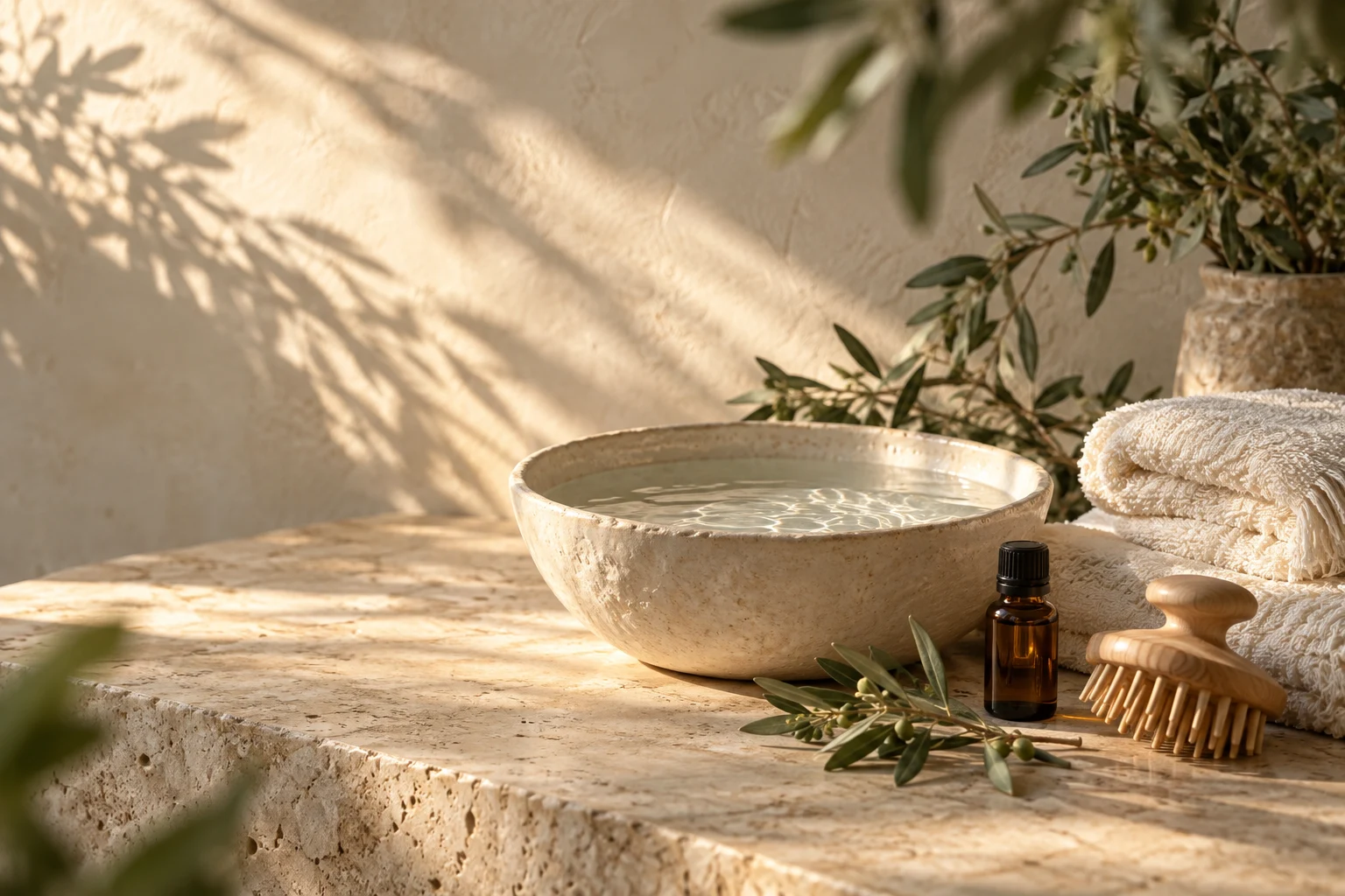 Sunlight on a ceramic water bowl, soft towels, and olive branches